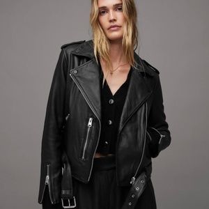Allsaints Balfern Belted Hem Leather Biker Jacket Black